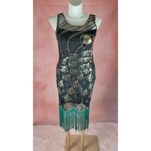 Babeyond Peacock Dress 1920 VNeck Beaded/Fringed/Sequins Size XL Multicolor